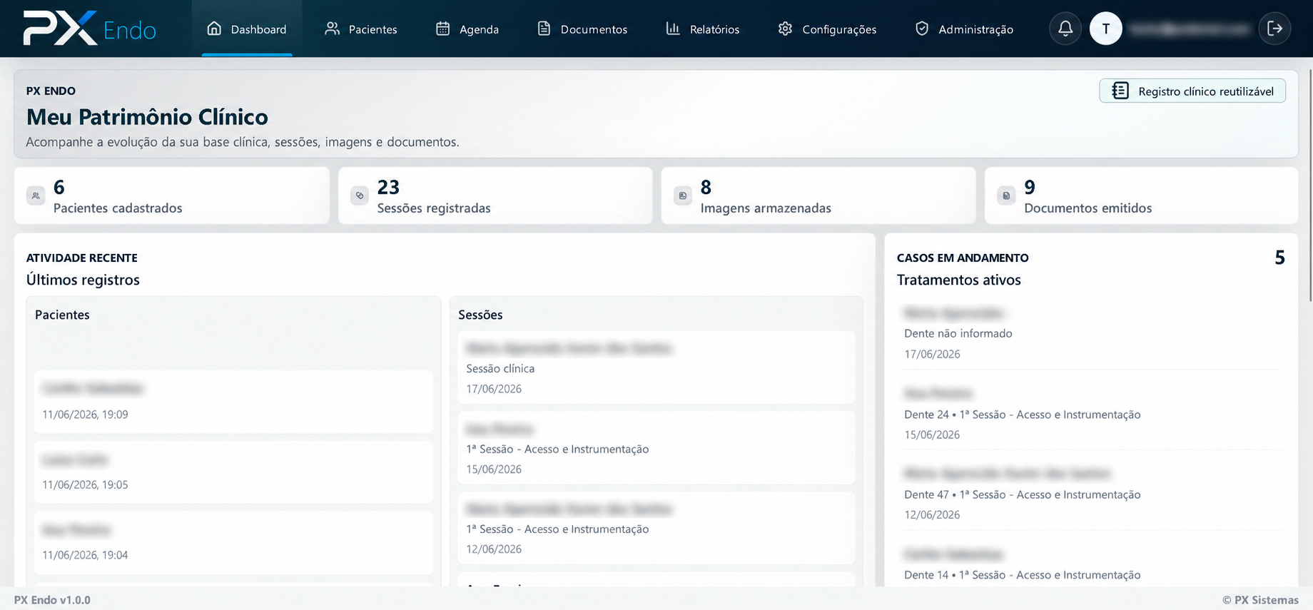 Dashboard do PX Endo com indicadores e histórico clínico centralizado